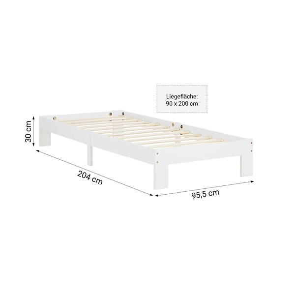 Holzbett 90x200 cm Weiss | Einzelbett | mit Lattenrost | massiv | Kind Jugend Gast