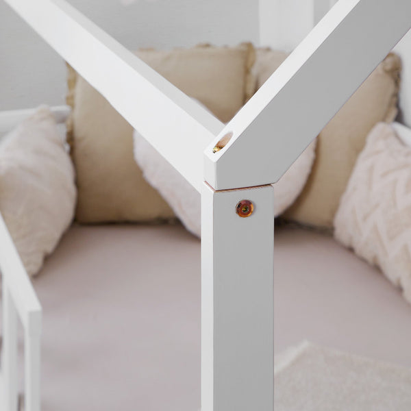 Kinderbett 90x200 cm Weiss | Hausbett mit Rausfallschutz und Bettkasten | Montessori mit Lattenrost |