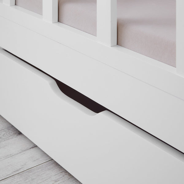 Kinderbett 90x200 cm Weiss | Hausbett mit Rausfallschutz und Bettkasten | Montessori mit Lattenrost |