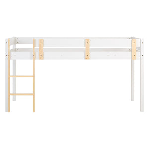 Hochbett Kinder 90x200 cm Weiss | Leiter Natur | Rausfallschutz | mit Lattenrost