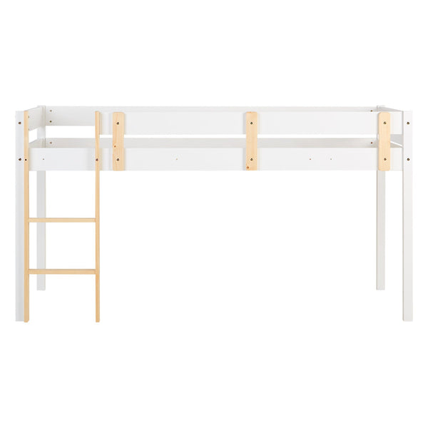 Hochbett Kinder 90x200 cm Weiss | Leiter Natur | Rausfallschutz | mit Lattenrost