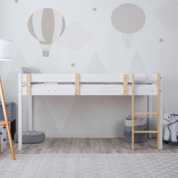 Hochbett Kinder 90x200 cm Weiss | Leiter Natur | Rausfallschutz | mit Lattenrost