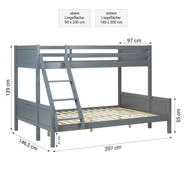 Etagenbett mit 2 Matratzen 90x200 und 140x200 Grau