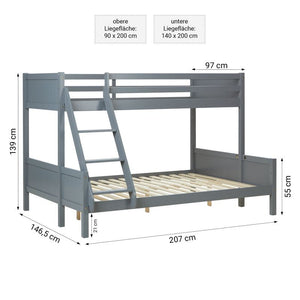 Etagenbett 2 Liegeflächen 90x200 cm und 140x200 cm Grau | mit Lattenrost