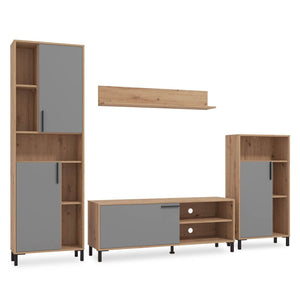 Wohnwand Schrankwand Holz Eiche Grau Anbauwand 4 tlg. Modern Entertainment Center