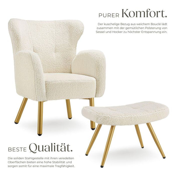 Sessel mit Hocker Vänersborg Bouclé creme/gold