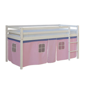 Hochbett Kinder 90x200 cm Weiss mit Vorhang in Rosa | mit Lattenrost
