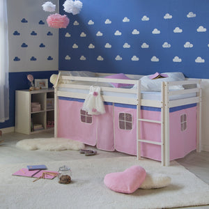 Hochbett Kinder 90x200 cm Weiss mit Vorhang in Rosa | mit Lattenrost