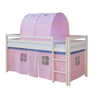 Hochbett Kinder 90x200 cm Weiss mit Vorhang in Rosa | Tunnel | mit Lattenrost