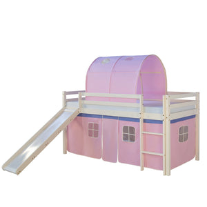 Hochbett Kinder 90x200 cm Weiss mit Vorhang in Rosa | Tunnel | Rutsche | mit Lattenrost