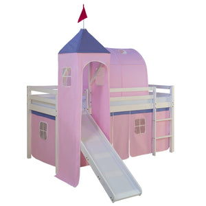 Hochbett Kinder 90x200 cm Weiss mit Vorhang in Rosa | Tunnel | Turm | Rutsche | mit Lattenrost