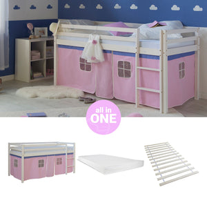 Hochbett Kinder 90x200 cm Weiss mit Vorhang in Rosa | mit Lattenrost | mit Matratze