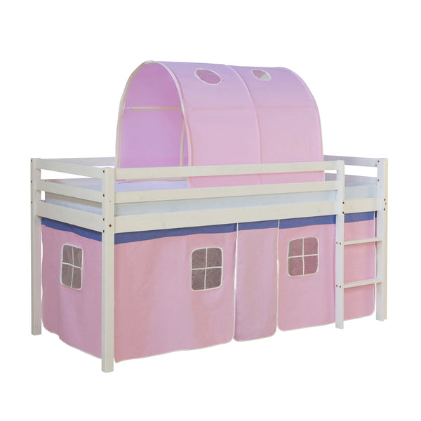Hochbett Kinder 90x200 cm Weiss mit Vorhang in Rosa Tunnel | mit Lattenrost | mit Matratze