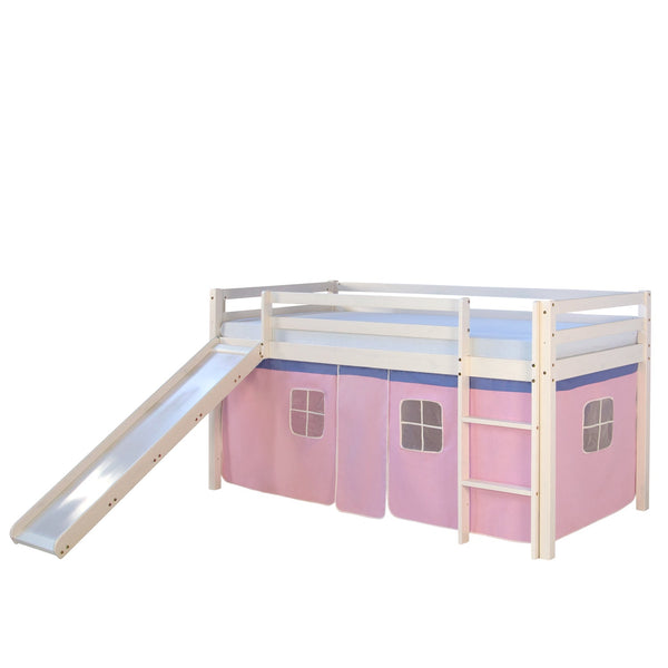 Hochbett Kinder 90x200 cm Weiss mit Vorhang in Rosa | Rutsche | mit Lattenrost | mit Matratze