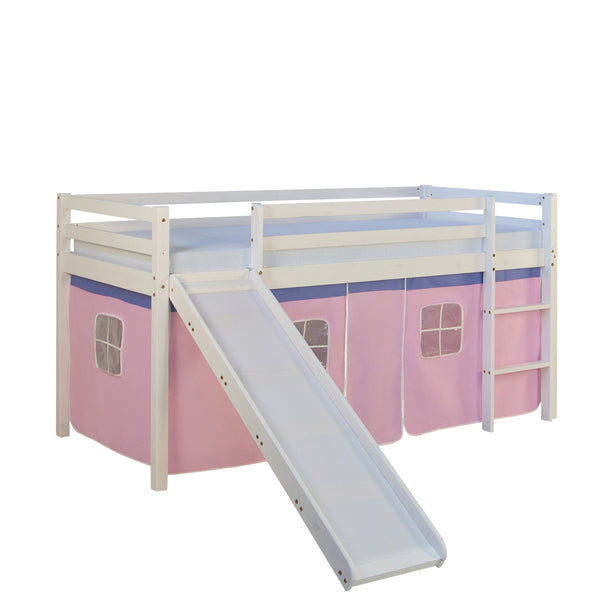 Hochbett Kinder 90x200 cm Weiss mit Vorhang in Rosa | Rutsche | mit Lattenrost | mit Matratze