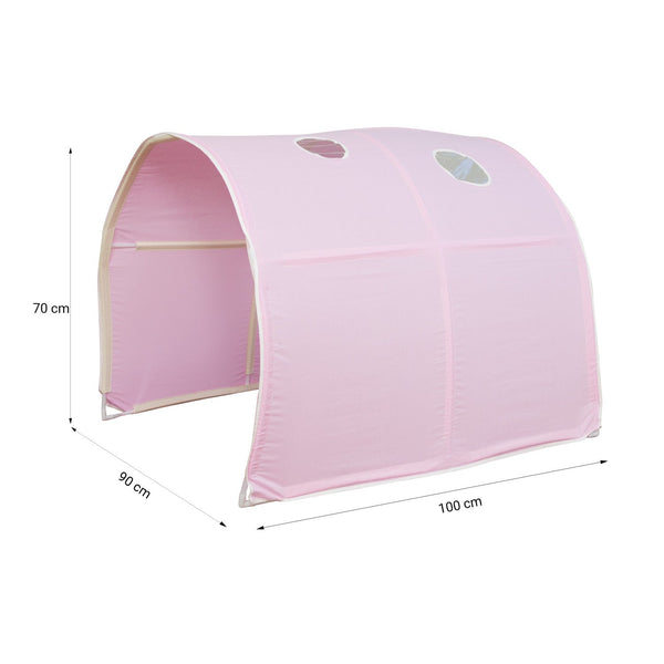 Hochbett Kinder 90x200 cm Weiss mit Vorhang in Rosa | Rutsche | Tunnel | mit Lattenrost | mit Matratze