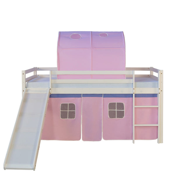 Hochbett Kinder 90x200 cm Weiss mit Vorhang in Rosa | Rutsche | Tunnel | mit Lattenrost | mit Matratze