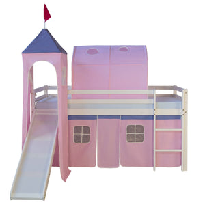 Hochbett Kinder 90x200 cm Weiss mit Vorhang in Rosa Rutsche Turm Tunnel mit Lattenrost mit Matratze