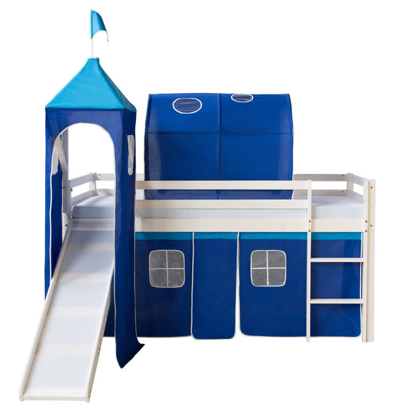 Hochbett Kinder 90x200 cm Weiss mit Vorhang in Blau | Tunnel | Turm | Rutsche | mit Lattenrost