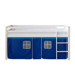 Hochbett mit Matratze 90x200 Kinderbett Leiter Holz Kiefer Vorhang Blau Lattenrost