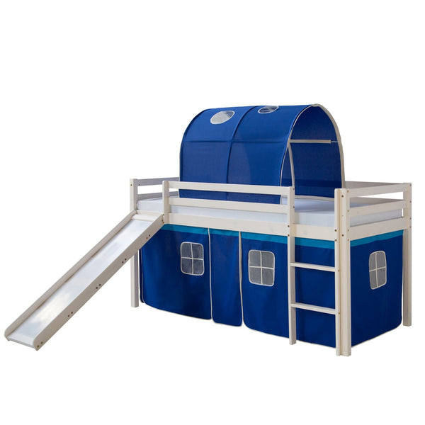 Hochbett mit Matratze 90x200 Rutsche Vorhang Tunnel blau Spielbett Lattenrost