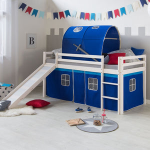 Hochbett mit Matratze 90x200 Rutsche Vorhang Tunnel blau Spielbett Lattenrost
