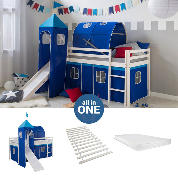 Hochbett mit Matratze 90x200 cm Turm Tunnel Rutsche Leiter Vorhang blau Lattenrost