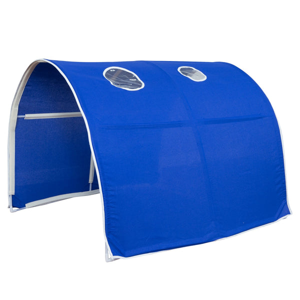 Hochbett mit Matratze 90x200 cm Turm Tunnel Rutsche Leiter Vorhang blau Lattenrost