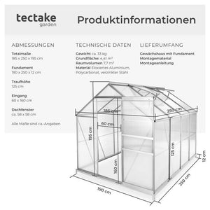 Gewächshaus mit Fundament 250 x 185 x 195 cm