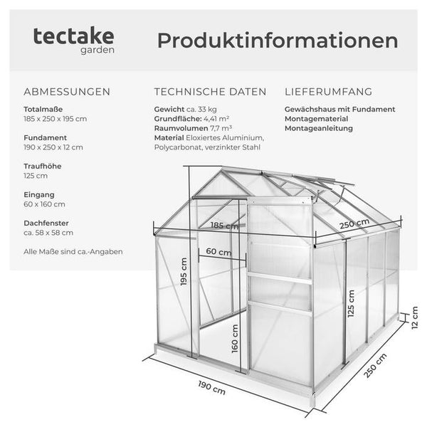 Gewächshaus mit Fundament 250 x 185 x 195 cm