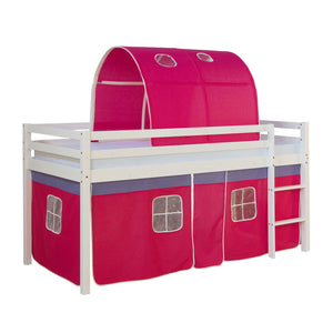 Hochbett Kinder 90x200 cm Weiss mit Vorhang in Pink | Tunnel | mit Lattenrost