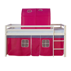 Hochbett Kinder 90x200 cm Weiss mit Vorhang in Pink | Tunnel | mit Lattenrost
