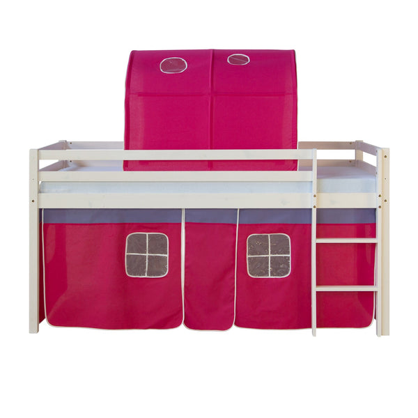 Hochbett Kinder 90x200 cm Weiss mit Vorhang in Pink | Tunnel | mit Lattenrost