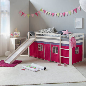 Hochbett Kinder 90x200 cm Weiss mit Vorhang in Pink | Rutsche | mit Lattenrost