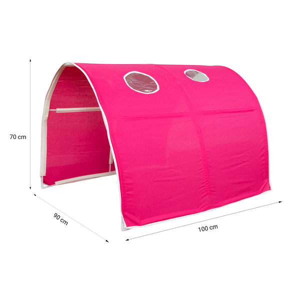 Hochbett Kinder 90x200 cm Weiss mit Vorhang in Pink | Tunnel | Turm | Rutsche | mit Lattenrost