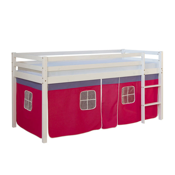 Hochbett mit Matratze 90x200 Kinderbett Leiter Holz Kiefer Vorhang Pink Lattenrost