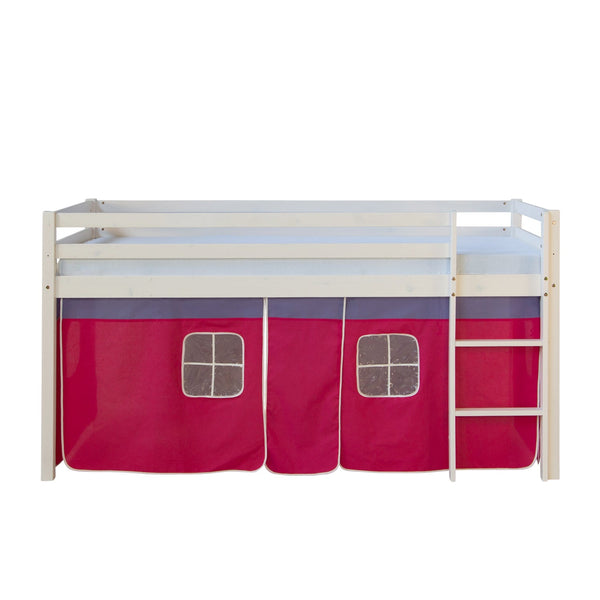 Hochbett mit Matratze 90x200 Kinderbett Leiter Holz Kiefer Vorhang Pink Lattenrost