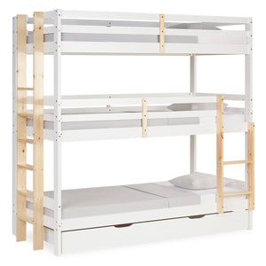 Etagenbett 3 Ebenen 90x200 cm Weiss Leitern Natur mit Bettkasten mit Lattenrost