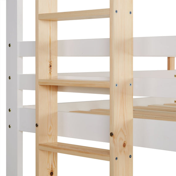 Etagenbett 3 Ebenen 90x200 cm Weiss Leitern Natur mit Bettkasten mit Lattenrost