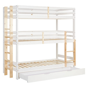 Etagenbett 3 Ebenen 90x200 cm Weiss Leitern Natur mit Bettkasten mit Lattenrost