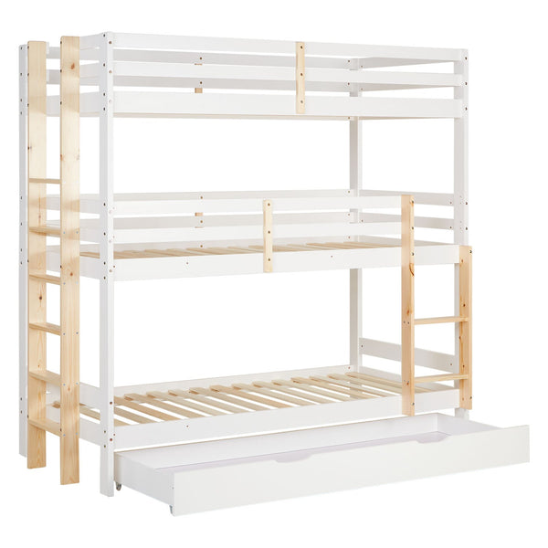Etagenbett 3 Ebenen 90x200 cm Weiss Leitern Natur mit Bettkasten mit Lattenrost