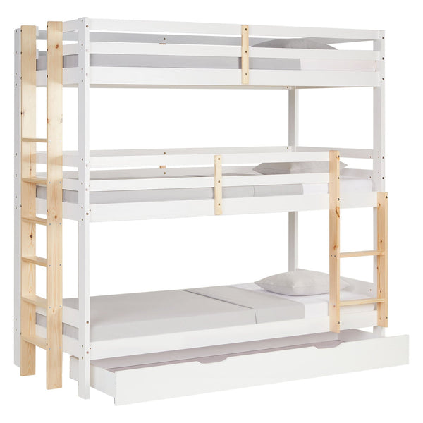 Etagenbett 3 Ebenen 90x200 cm Weiss Leitern Natur mit Bettkasten mit Lattenrost