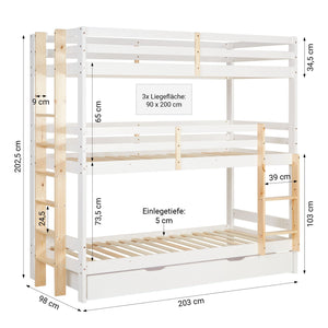 Etagenbett 3 Ebenen 90x200 cm Weiss Leitern Natur mit Bettkasten mit Lattenrost