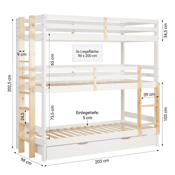 Etagenbett 3 Ebenen 90x200 cm Weiss Leitern Natur mit Bettkasten mit Lattenrost