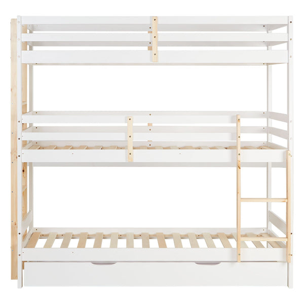 Etagenbett 3 Ebenen 90x200 cm Weiss Leitern Natur mit Bettkasten mit Lattenrost