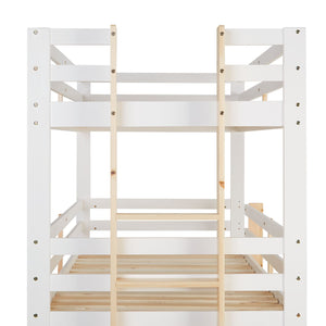 Etagenbett 3 Ebenen 90x200 cm Weiss Leitern Natur mit Bettkasten mit Lattenrost