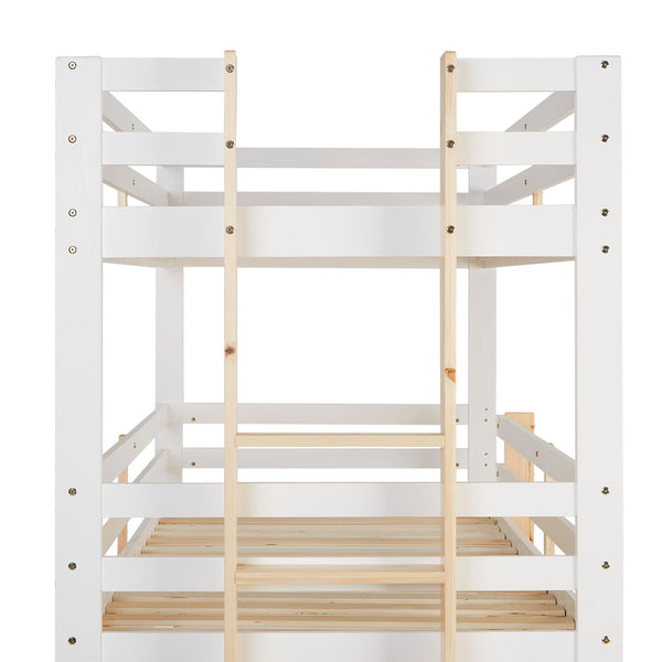 Etagenbett 3 Ebenen 90x200 cm Weiss Leitern Natur mit Bettkasten mit Lattenrost
