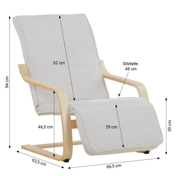 Relaxsessel Cord Grau | mit Fußstütze | Holz Natur | Schwingsessel Schaukelstuhl