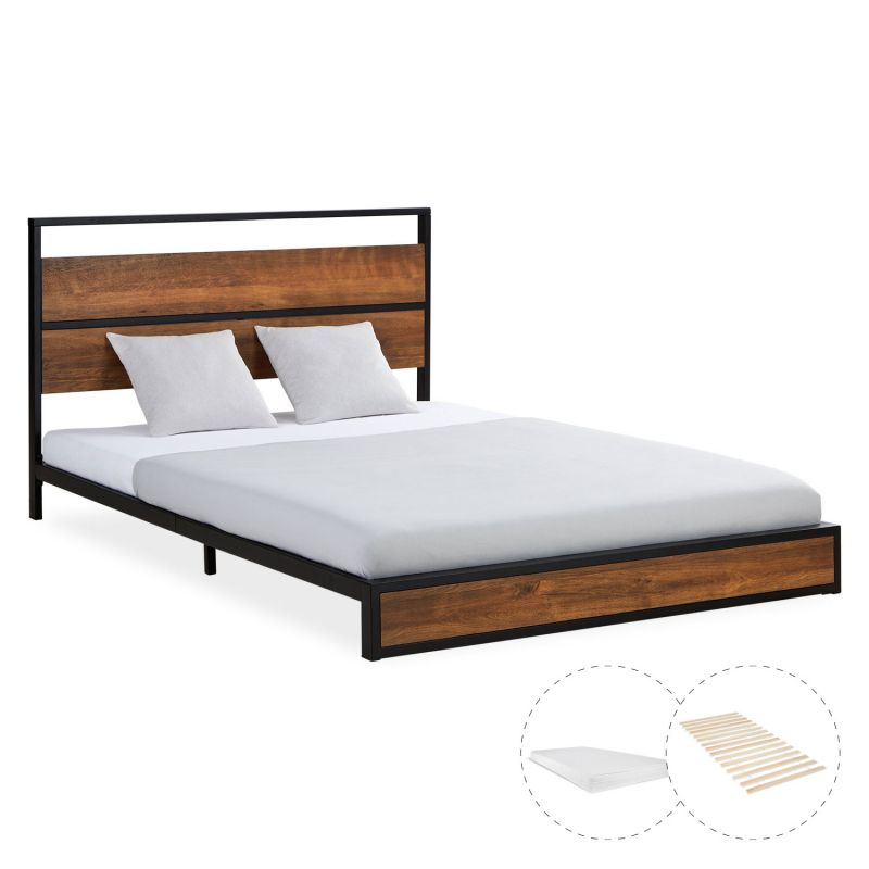 Metallbett mit Matratze & Lattenrost 140x200 cm Schwarz Braun