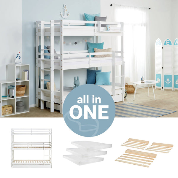 Etagenbett mit Matratzen 90x200 cm mit Bettkasten Dreifachbett Weiss